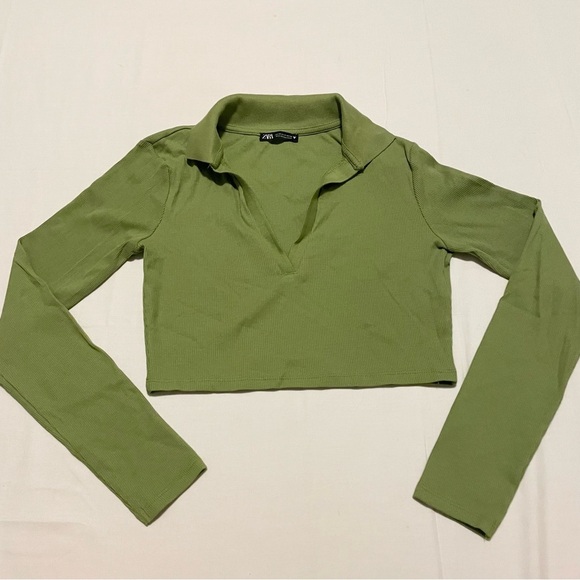 Zara Green Long Sleeve Crop Top Collard Shirt Size Medium - Picture 1 of 15